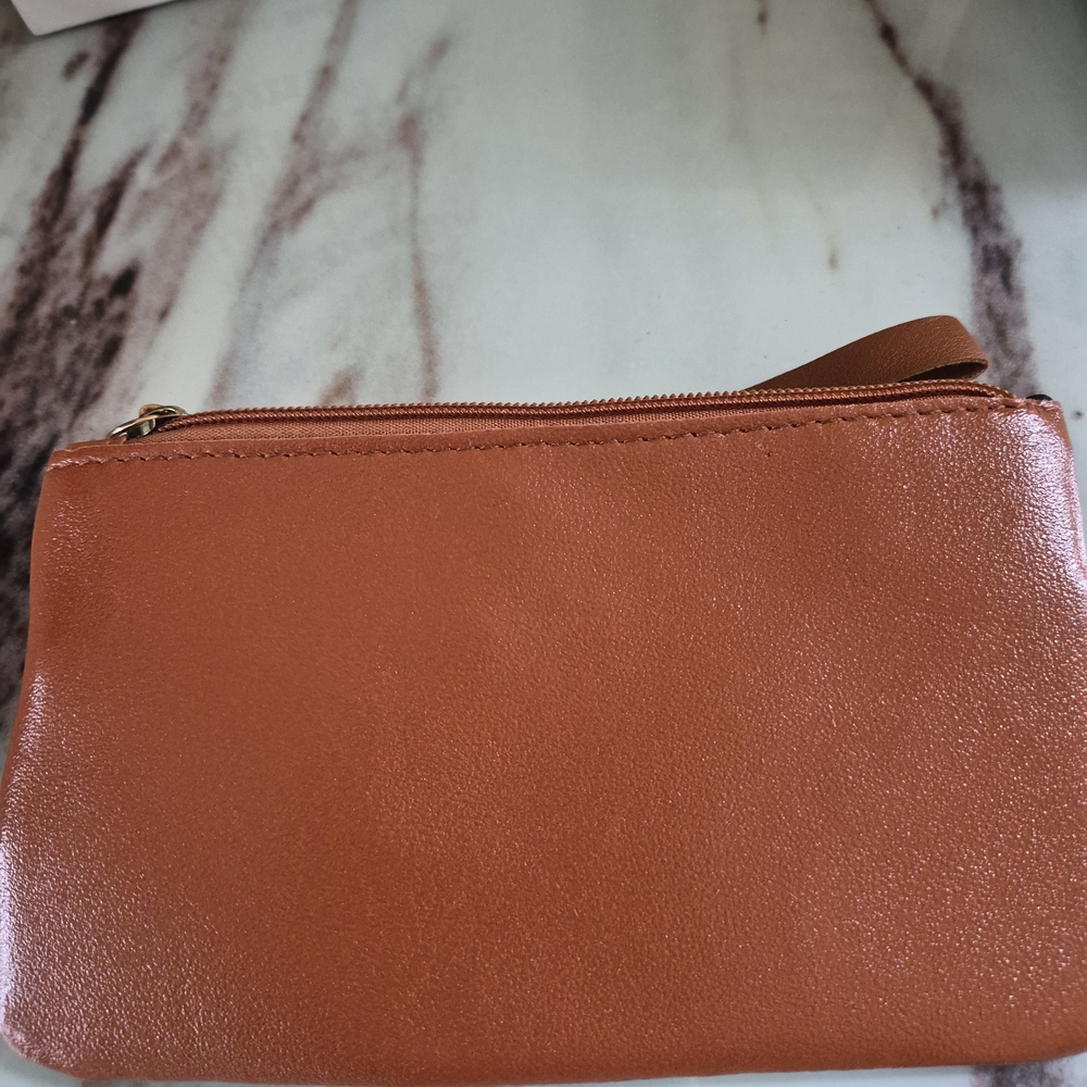 Women's Tan Leatherette Zip Wristlet Clutch with Heart Charm - Picture 3 of 3